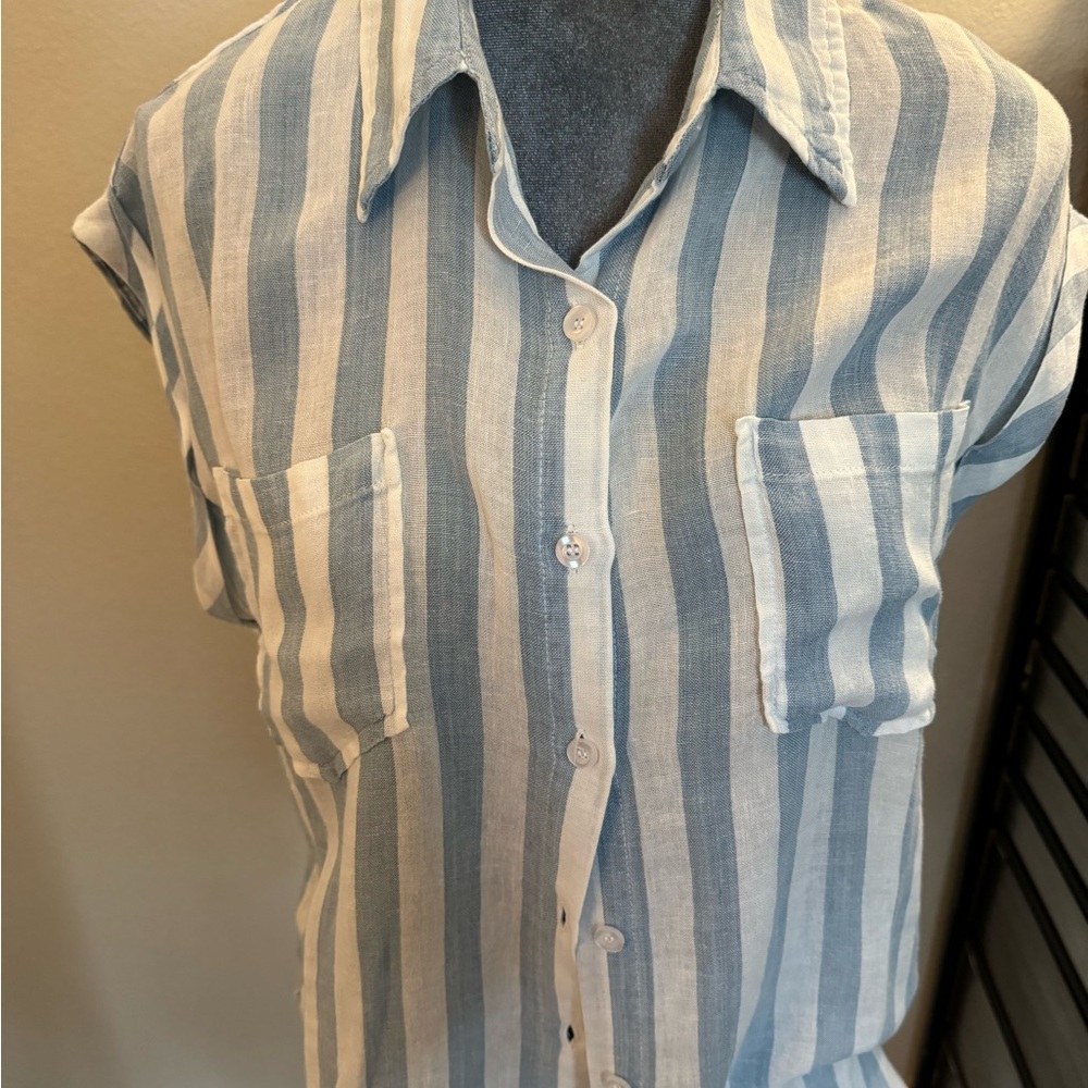 BNWT Kut from the Kloth Noel Blue/White Stripe Short Sleeve Shirt, Size Small - Picture 5 of 7